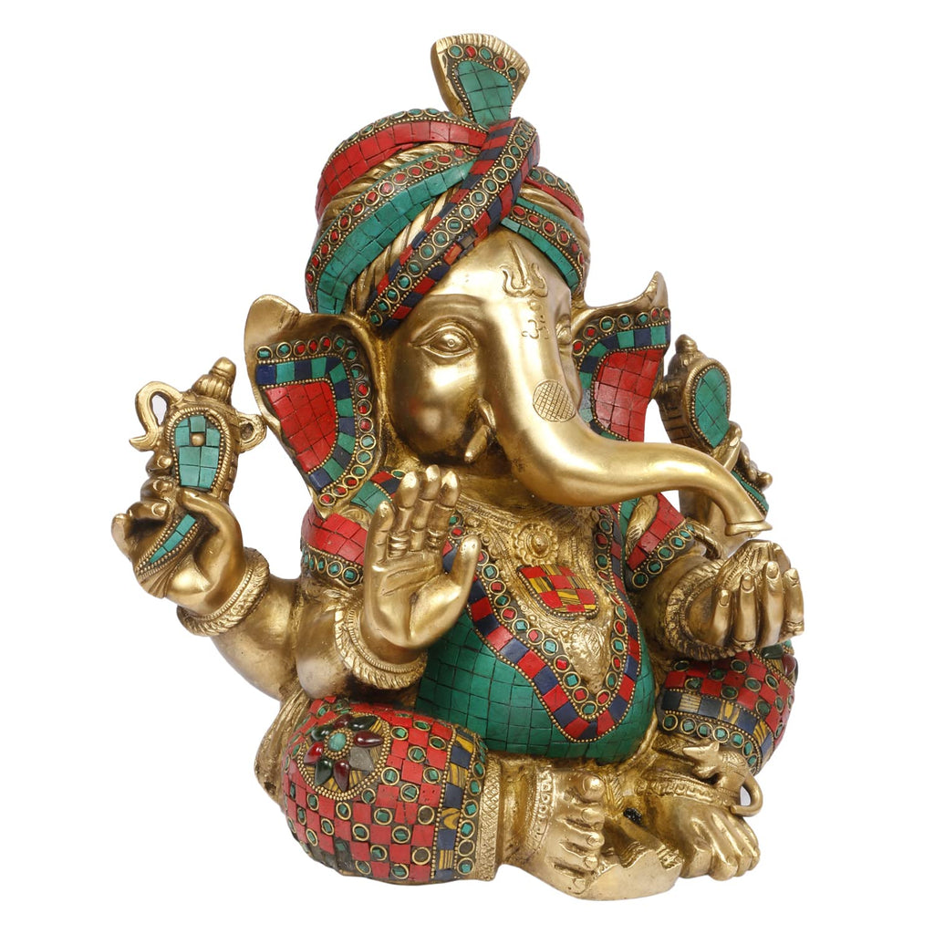 ARTVARKO™ Big Brass Turban Ganesha with Color Gemstone Handwork | Safa Pagdi Ganesh Statue Ganapathi Vigneshwara Ganpati Idol Height 14 Weight 14.5 Kg