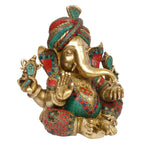 ARTVARKO™ Big Brass Turban Ganesha with Color Gemstone Handwork | Safa Pagdi Ganesh Statue Ganapathi Vigneshwara Ganpati Idol Height 14 Weight 14.5 Kg