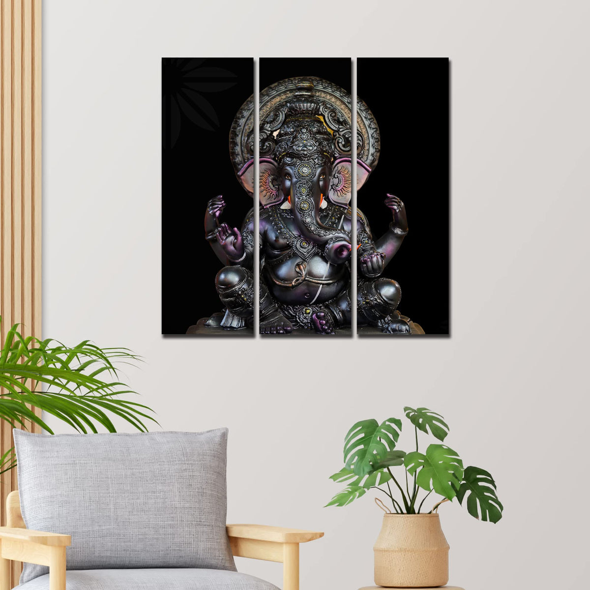 VIBECRAFTS 3 Pieces Sculpture Shree Ganesha Canvas Wall Painting Fitted With Wooden Frame For Home | Office | Living Room | Gifts (PTVC3Pcs1_9566)