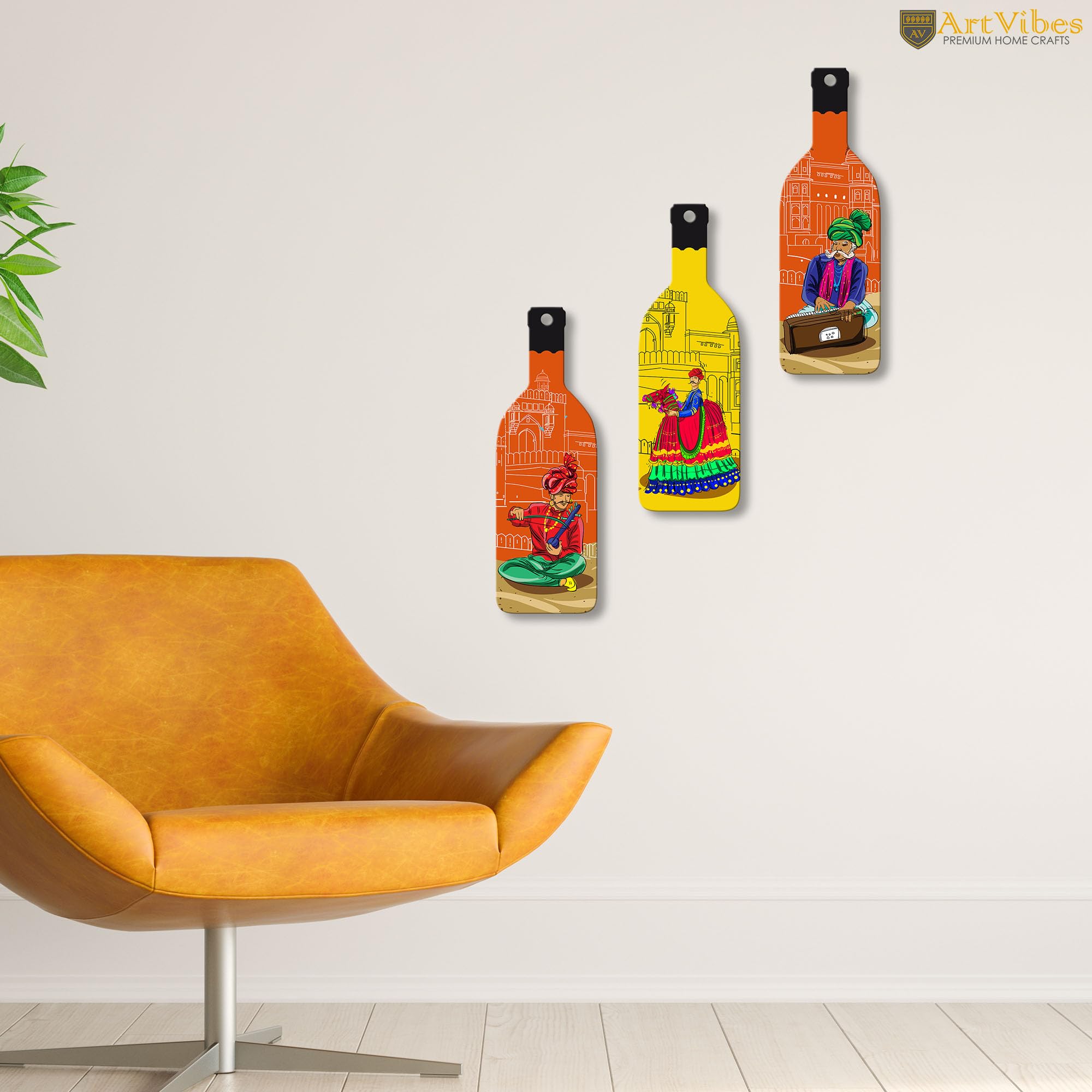 Artvibes Rajashtani Music Culture Decor Bottle shaped Wooden Wall Hanging | Wall Sculpture | Signs & Plaques | Handcrafted Art | Artwork | Aesthetic Wooden Decor | Unique Gift (WH_9513N), Set of 3