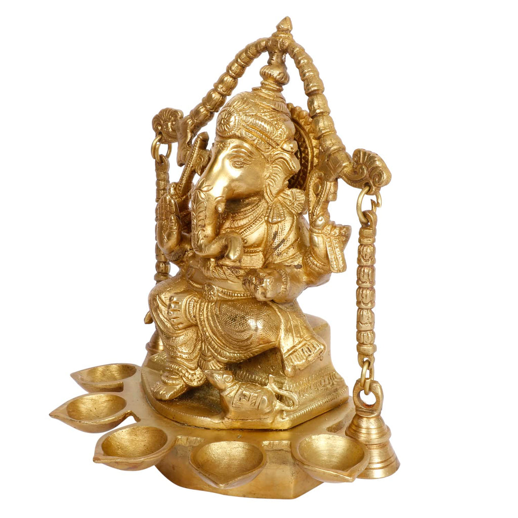 Artvarko Brass Ganesh Idol Ganesha Diya with Hanging Bells 5 Diyas Table Oil lamp Burner Diwali Pooja Home Decor Height 9 Inches