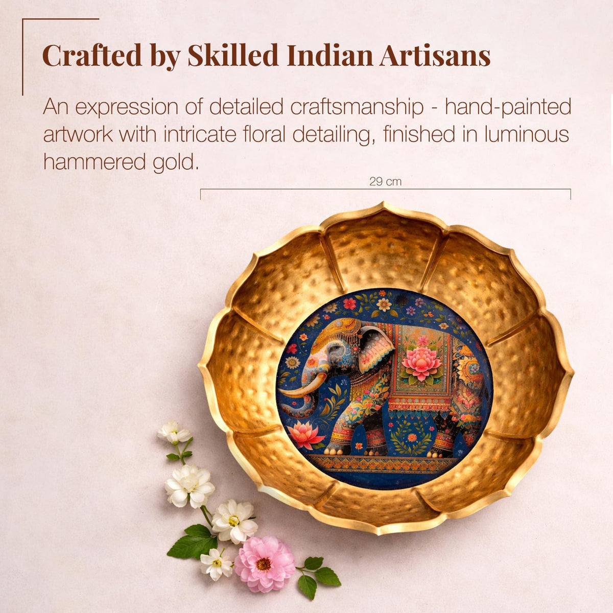 Kaari Tales Hammered Golden Lotus Urli Bowl with Royal Elephant Art | Decorative Metal Pooja Urli for Floating Flowers, Festive Décor & Centerpieces | Scalloped Edge Lotus Design