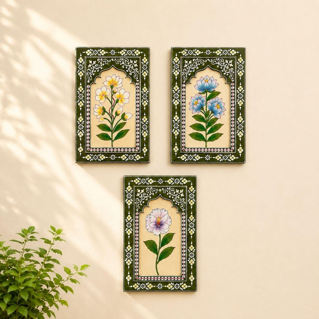 ATRANGI STUDIO Olive Bloom Handpainted Wooden Wall Frames (Set Of 3) | Jharokha Style Floral Wall Hanging | Rajasthani Traditional Art | Framed Wall Painting for Living room, Bedroom, Office | 12×8 Inch