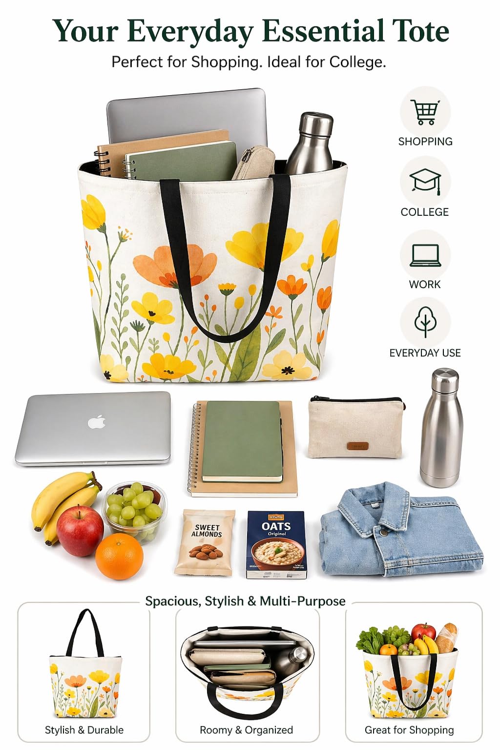 HOMELYA Large Cotton Canvas Zippered Tote Bag for Women | Reusable Eco-Friendly Shoulder Carry Bag | Spacious Shopping, Office & College Handbag (Daisy Bloom)