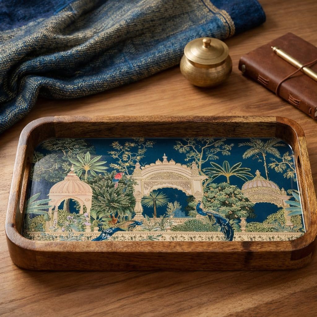 Amimashop® Large Mango Wood Serving Tray with Handles | Big Wooden Tray for Dining Table & Kitchen | Decorative Tea Tray for Home Decor | Premium Rectangular Tray 16x10 Inch (Royal Green, Large)