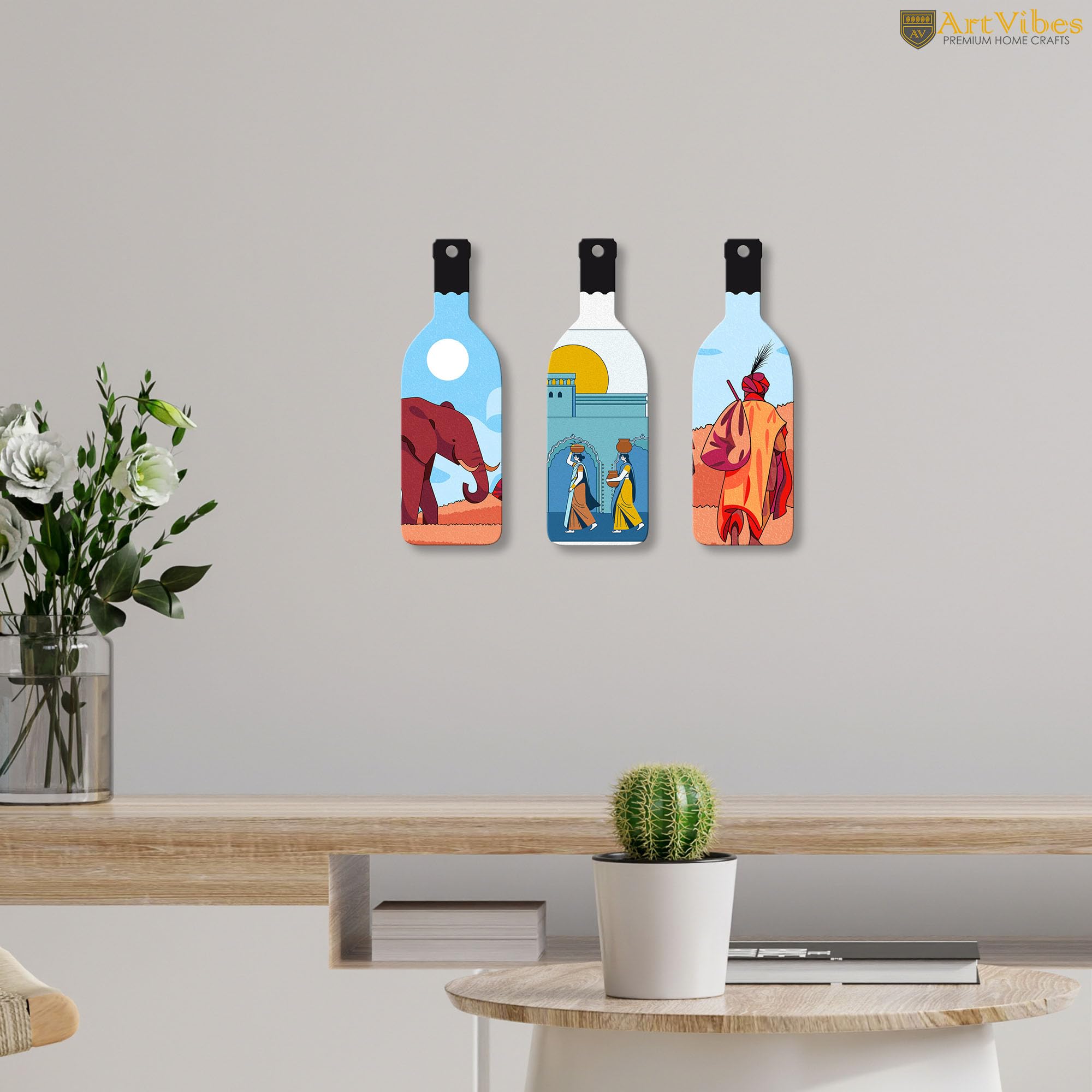 Artvibes Modern Abstract Art Decor Bottle shaped Wooden Wall Hanging | Living Room | Wall Art Paintings | Wall Illustrations | Graphic Art | Door Hanging Art Items | Gift Items (WH_9517N), Set of 3