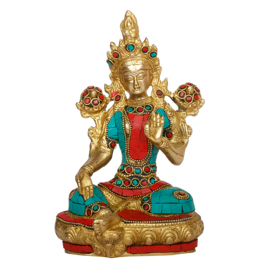 ARTVARKO Tara Devi Statue Brass Tibetan Goddess Religious Green Tara Statue for Health Happiness Wealth Idol Home Decor Sculpture Height 8 Inches