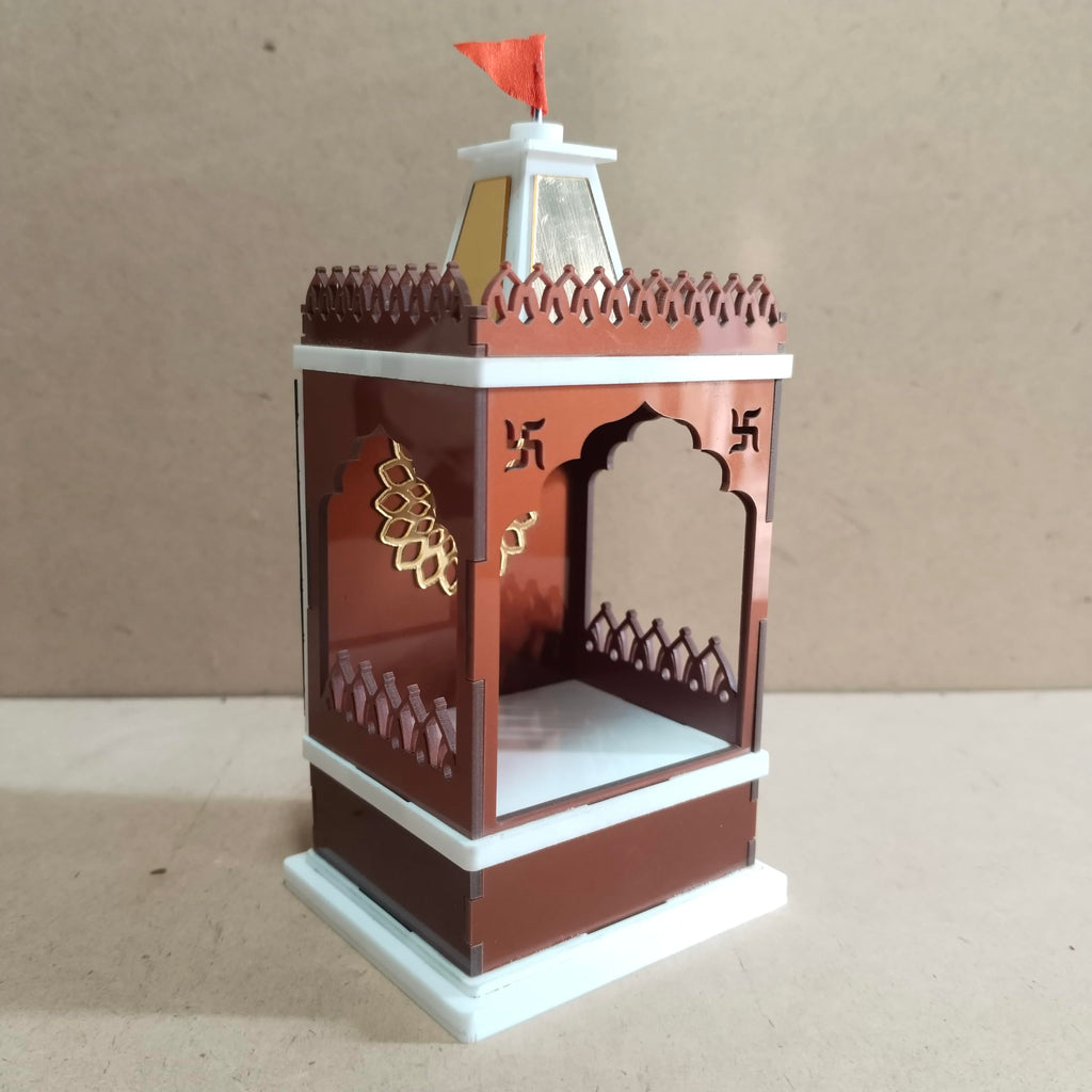 Solar Rechargeable Mini Mandir for Car and Office Desk, White with Gold Accents, Without Idols (Metallic Brown)