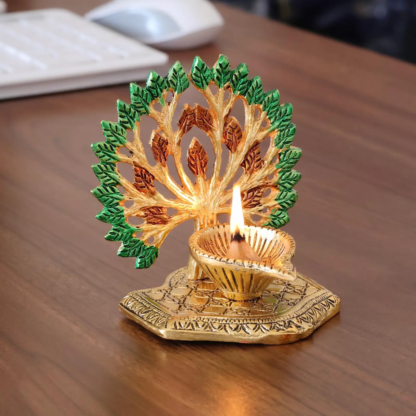 KridayKraft Exquisite Diya Figure Decorative Showpiece – Traditional Handcrafted Home Décor Accent for Festive Celebrations, Pooja Room, Temple, Office, and Living Space, Elegant Art (Golden)
