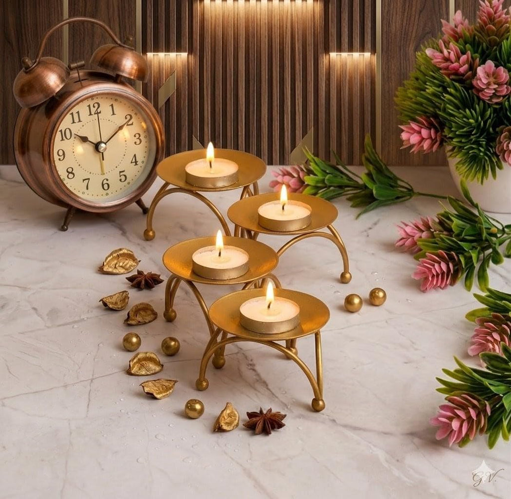 S.S Handicraft Set of 4 Gold Metal Tealight Candle Holders - Decorative T-Light Stands for Home Decor, Diwali, Weddings, and Gifting (Modern Curved Design)