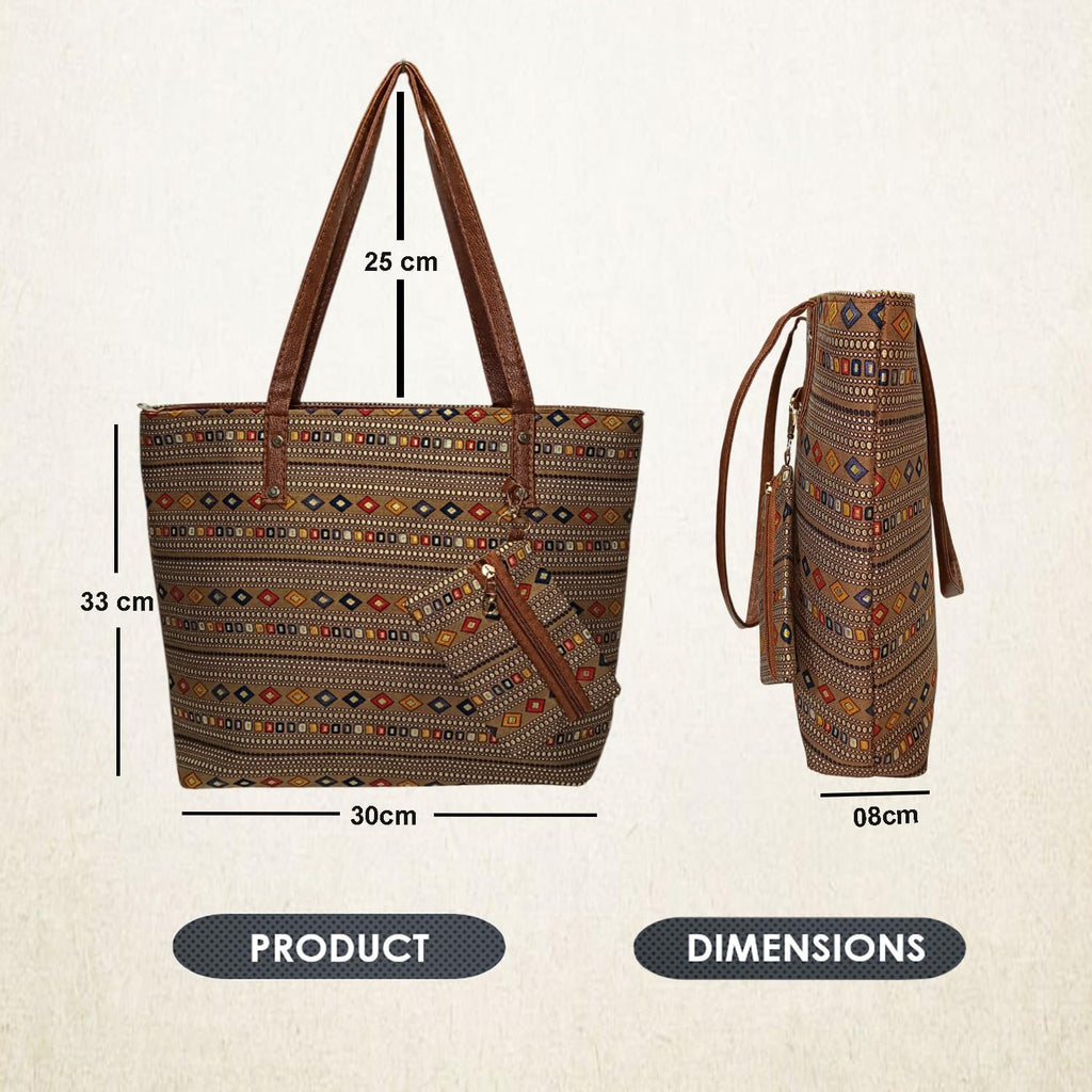 STYLE BA Women's Tote Bag With Leather Handles & Embroidery Printed Handbag With Zip Pockets, Shoulder Tote Bag And Handbag (Brown)