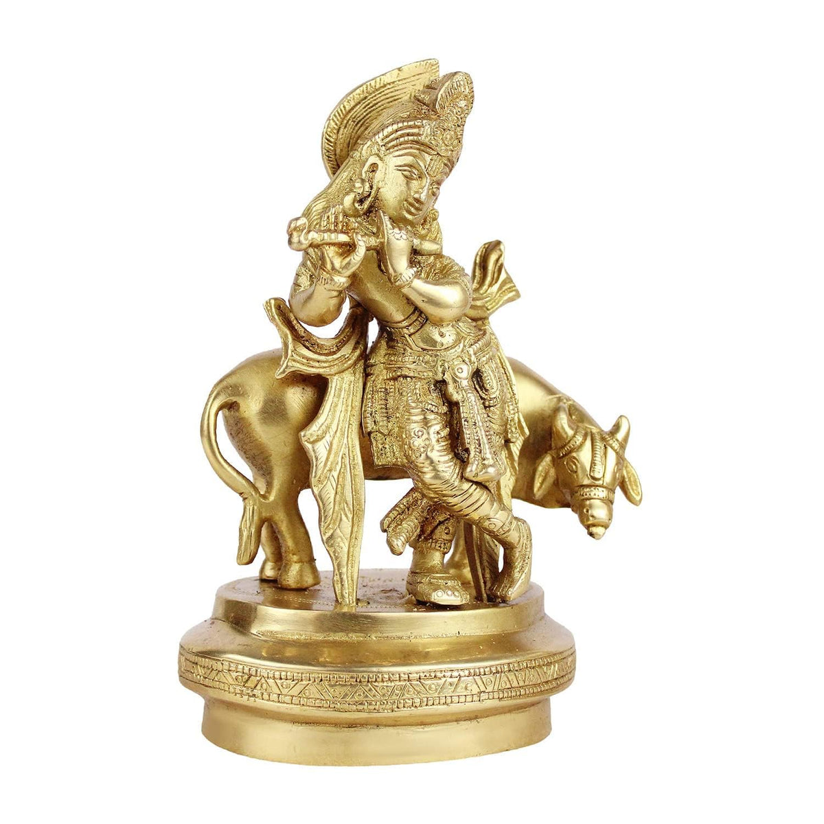 SVARUP Brass Krishna Idol with Cow Statue Decorative Showpiece for Home Puja Room Living Room Temple Decoration and Gift Items 7 Inch
