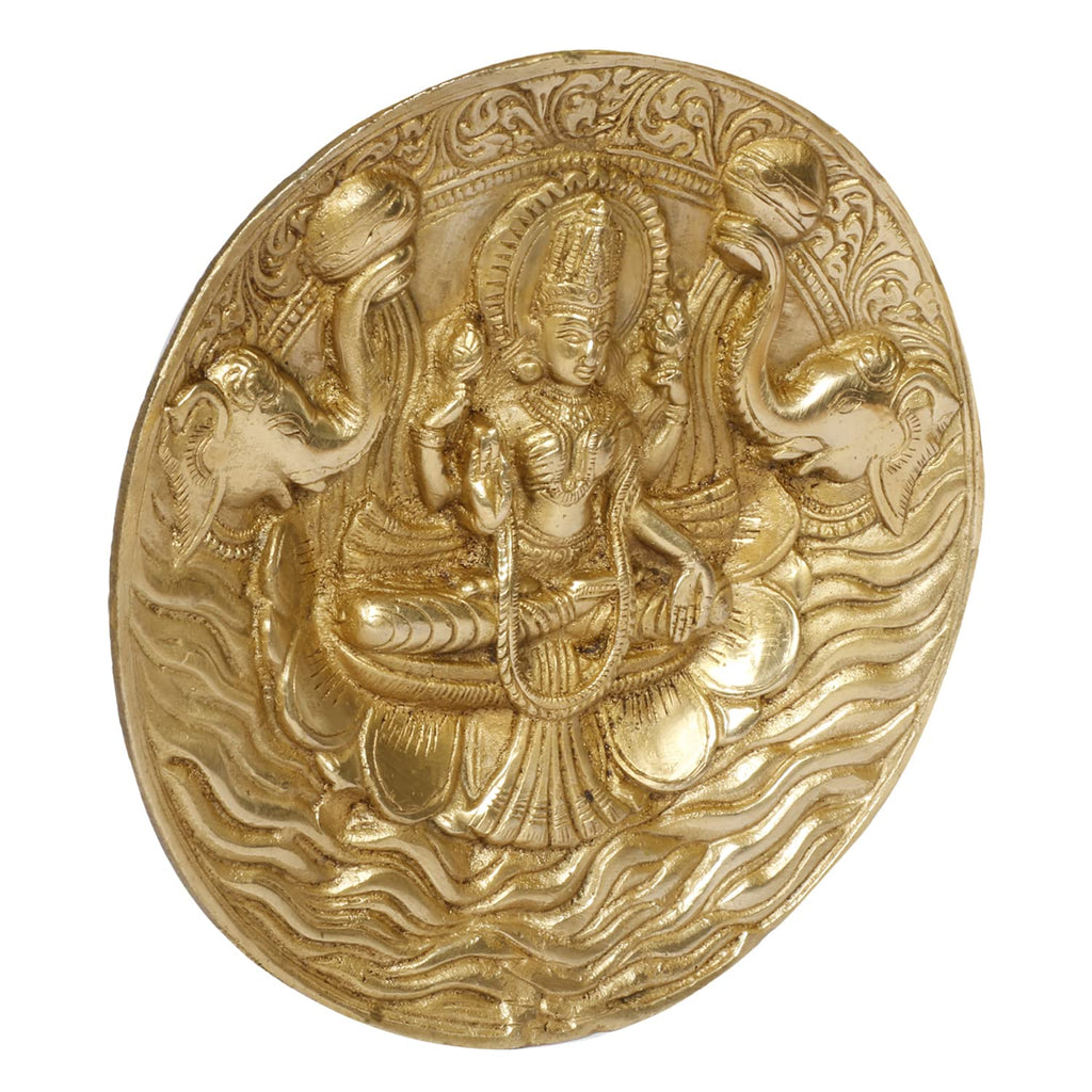 ARTVARKO Goddess Lakshmi Carved Brass Gajalakshmi Laxmi Devi with Elephant Idol Entrance Door Wall Decor for Home Office Gift 7.5 Inch.