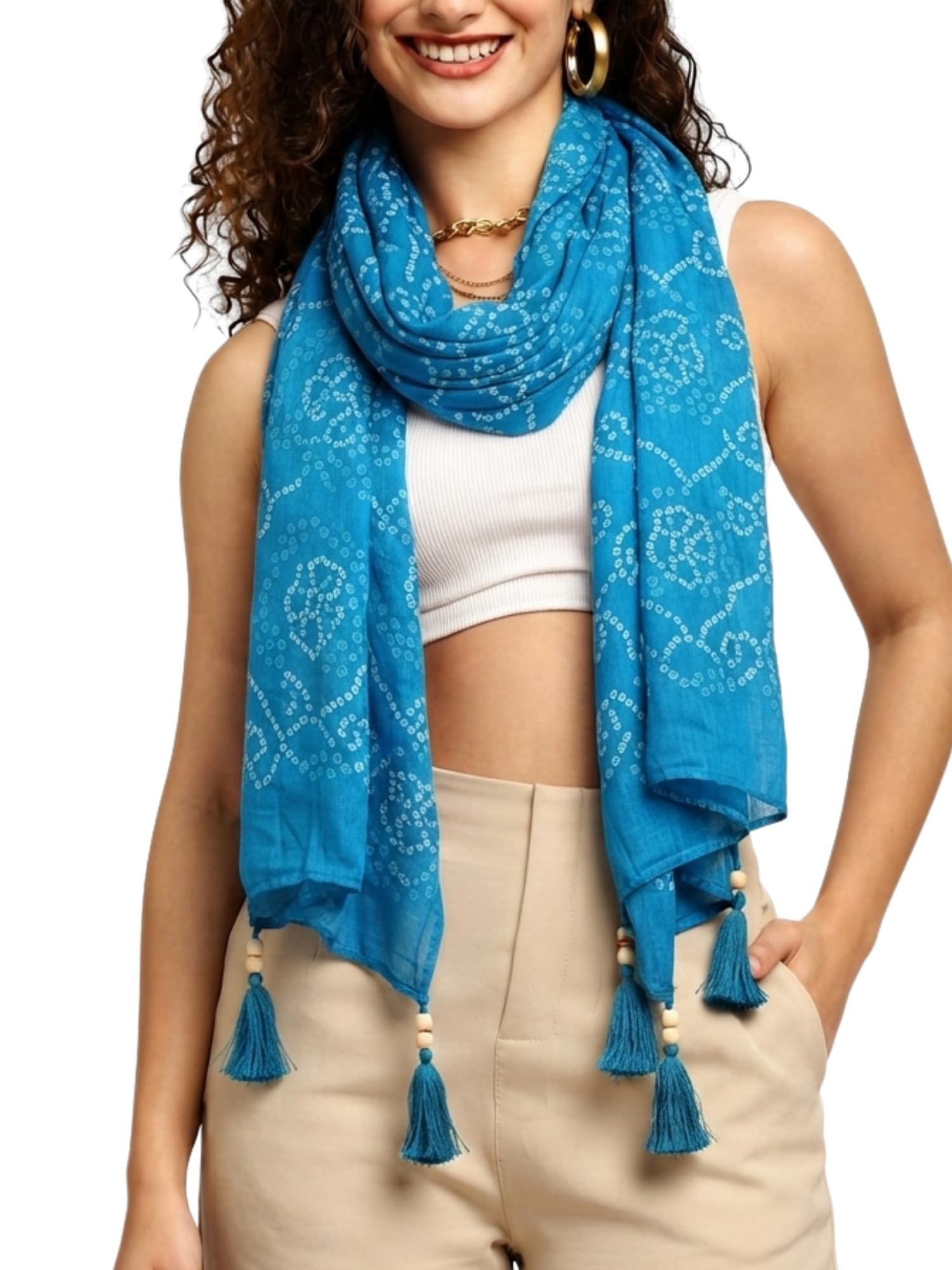 KE KANHA EXPORTS Cotton Scarf with Tassels|Bandhani Print Scarf for Women Stylish|Stole for Women|Breathable Boho Beach Summer Wrap|Multicolor Scarf|Easily Fits 180 * 50 CM