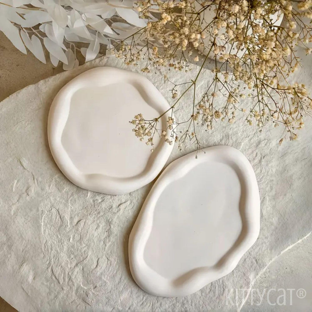 Kitty Cat® Handmade Concrete Trinket Tray Set of 2 – Aesthetic Minimalist Decorative Plates for Jewelry, Candles, Vanity & Table Décor | Modern Home & Office Organizer (Irregular Duo Tray Set)