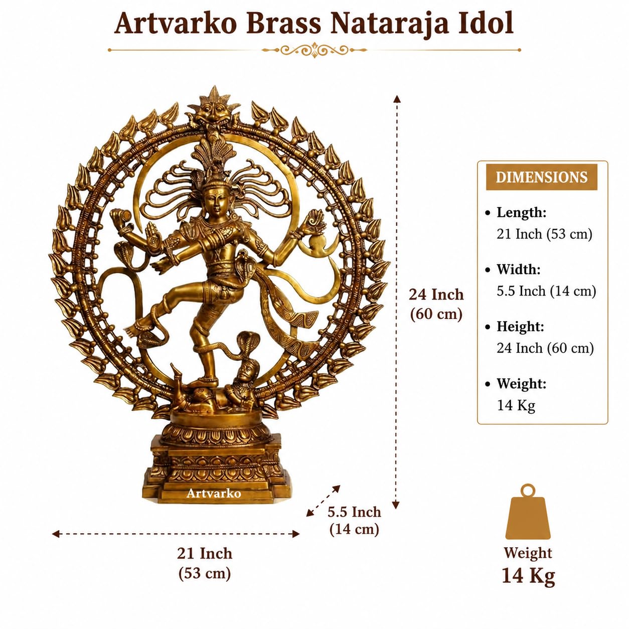 ARTVARKO Pure Brass Natrajan Large Nataraja Statue Om Natraj in Superior Golden Finish, Height 24 I Home Decor