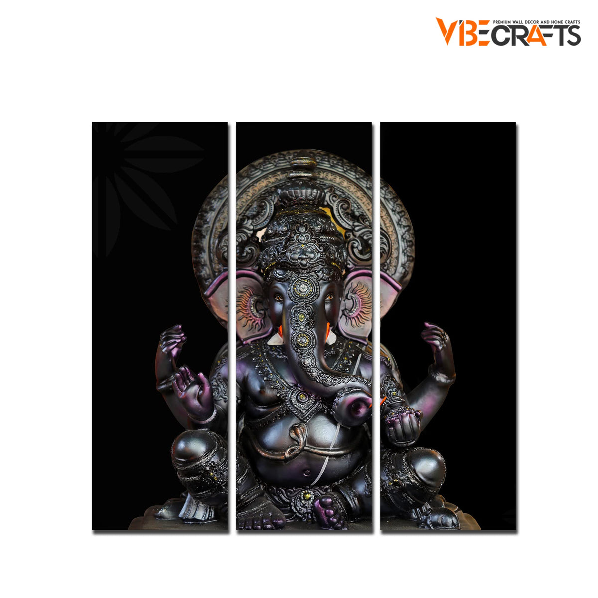 VIBECRAFTS 3 Pieces Sculpture Shree Ganesha Canvas Wall Painting Fitted With Wooden Frame For Home | Office | Living Room | Gifts (PTVC3Pcs1_9566)