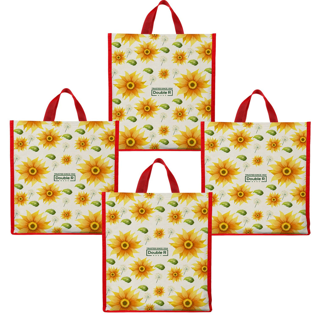 DOUBLE R BAGS Unisex Big Eco Cotton Canvas Shopping Bag for Grocery, Milk, Fruits & Vegetables | Reusable Tote with Reinforced Handles | Sunflower Print, 34x9.5x39.5 cm, 1 Compartment (Pack of 4)