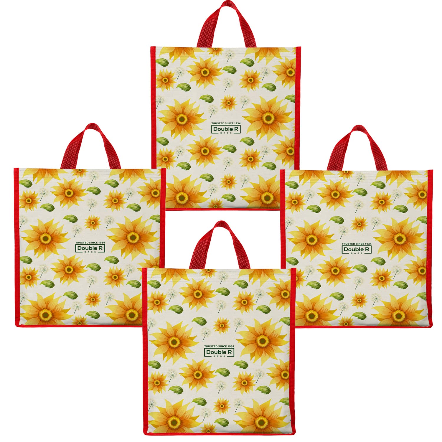 DOUBLE R BAGS Unisex Big Eco Cotton Canvas Shopping Bag for Grocery, Milk, Fruits & Vegetables | Reusable Tote with Reinforced Handles | Sunflower Print, 34x9.5x39.5 cm, 1 Compartment (Pack of 4)