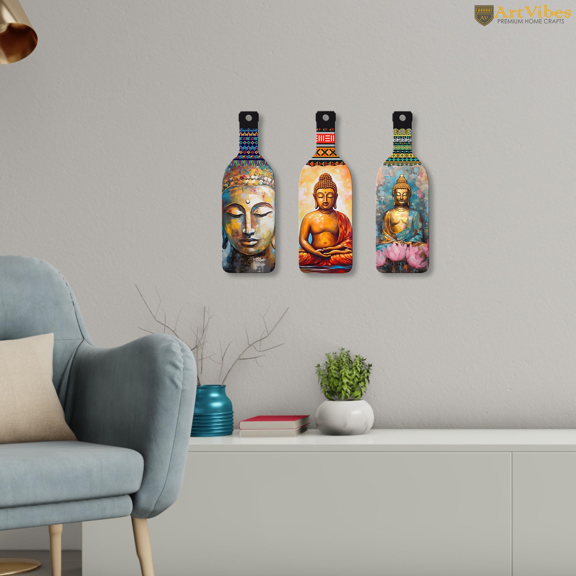 Artvibes Meditating Gautam Buddha Bottle shaped Wooden Wall Hanging | Spiritual Decor Items | Wall Art Painting For Hall | Wall Paintings | Handcrafted Art | Poster | Gift Items (WH_9507N), Set of 3