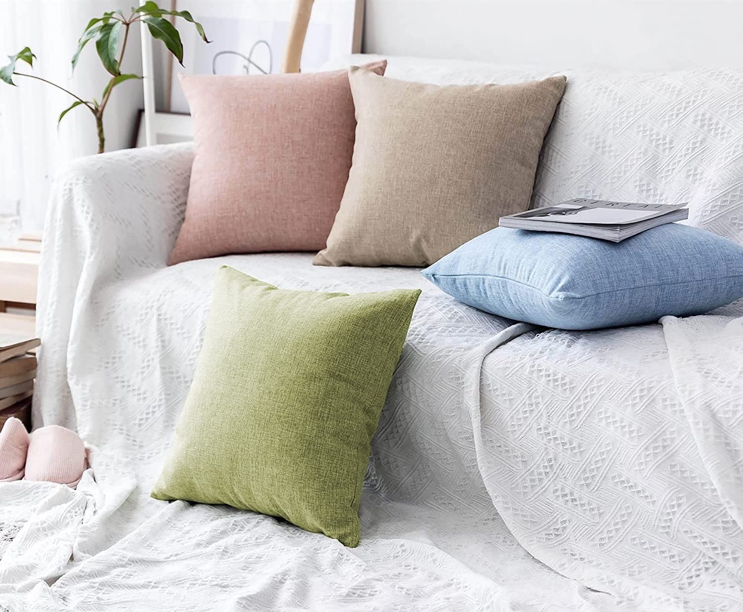 Khooti Decorative Jute Square Cushion Cover Throw Pillow Cover for Living Room Couch Diwan Single Seater Sofa, Modern Boho Large 22 x 22 Inches / 55 x 55 cm (Colour - Apple Green)(Set of 5 Pieces)-50 TC