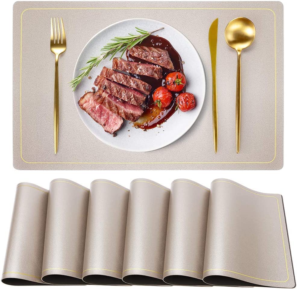 Maharsh Leather Placemats for Dining Table, Waterproof Heat Resistant Easy to Clean Non-Slip Wipeable PU Leather Place Mats Indoor, Washable Kitchen Table Mats (Champagne, 3) Kafalo