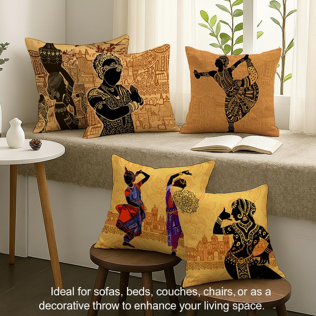 STITCHNEST Set of 5 Nritya Kala Collection Printed Jute Cushion Covers 18x18 Inches | Decorative Throw Pillow Covers for Sofa, Living Room, Bedroom | Perfect for Home Decor
