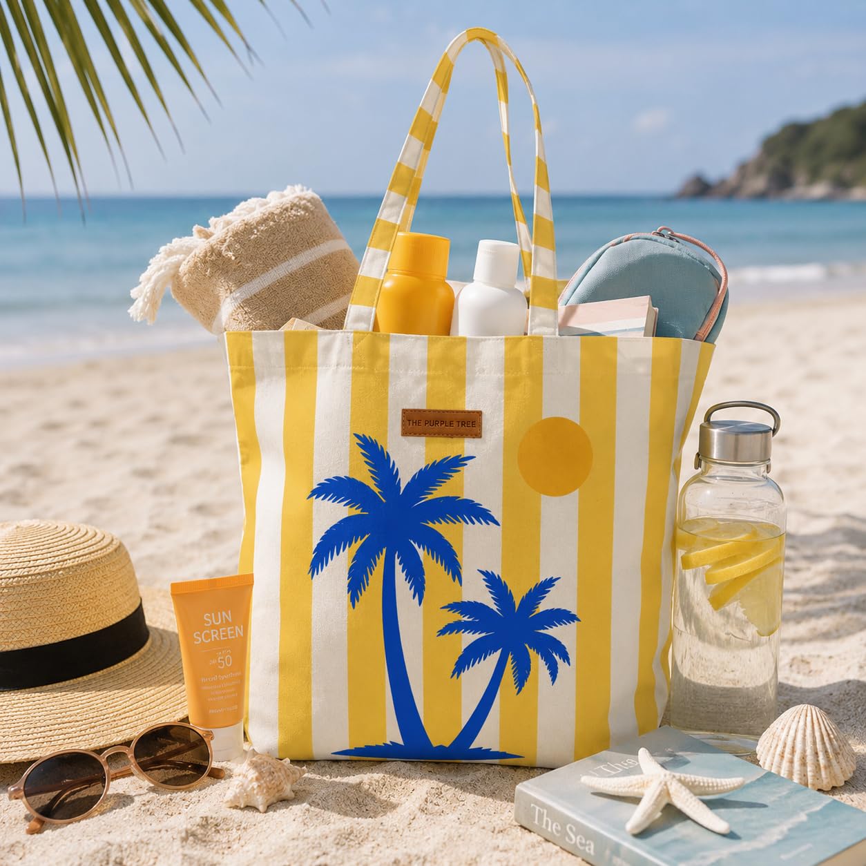 The Purple Tree Yellow Beach Palm Tote Bag for Women | Summer Beach Canvas Beach Tote | Travel Carryall, Shopping Bag, Vacation Tote | 40 x 43 cm