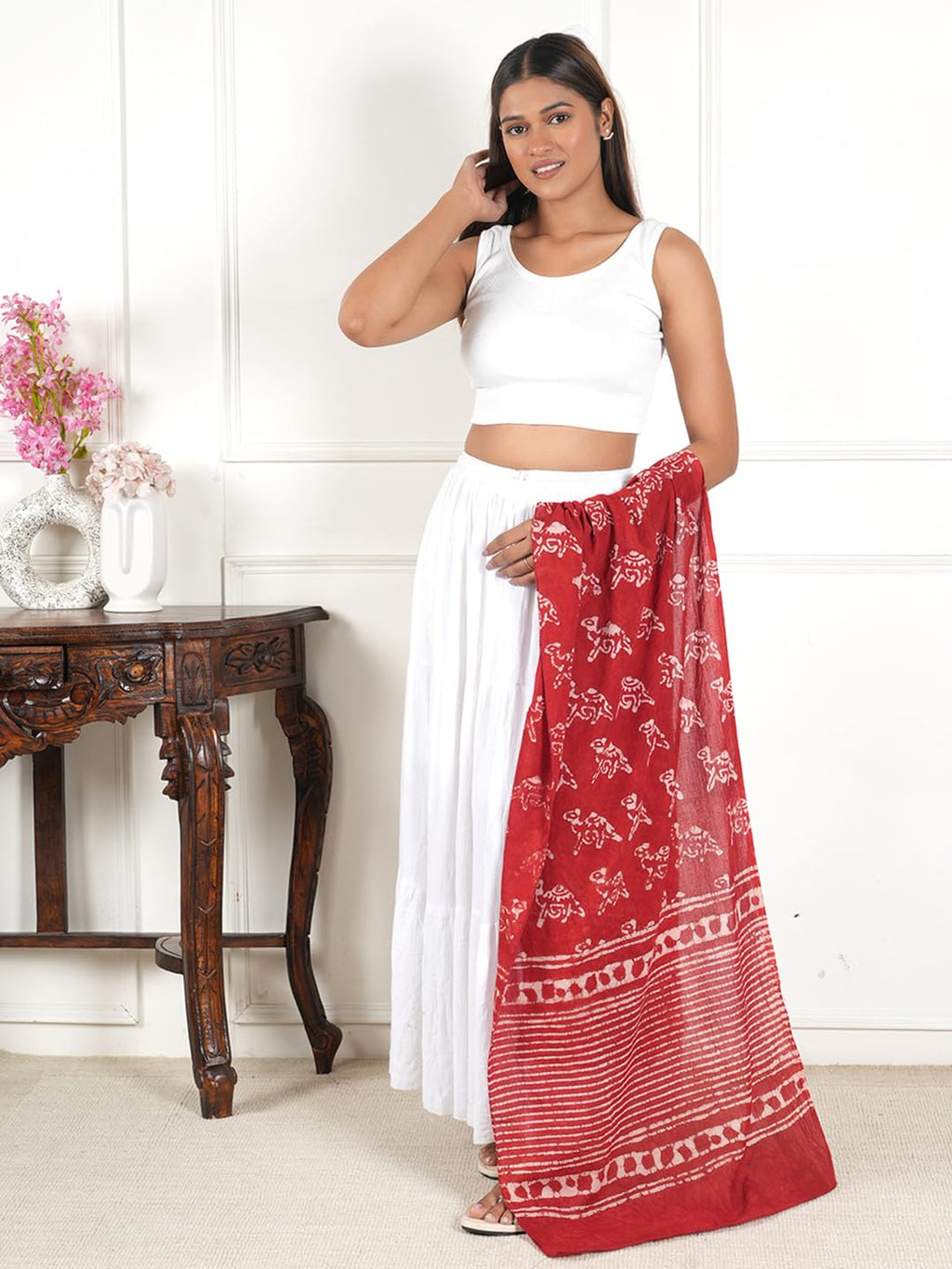 Gutthi Women's Cotton Stoles | Scarf Lightweight & Comfortable for All Seasons, Size (100X180 CM) (Red)