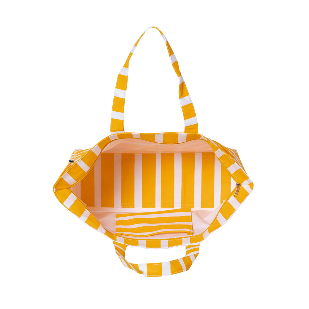AQVA Striped Beach/Pool Cotton Tote Bag for Women with 4 Outer Pockets | Large Capacity | Stylish Multipurpose Handbag | Resuable Shoulder Bag for for Office, Travel, Beach & Work (Mustard)