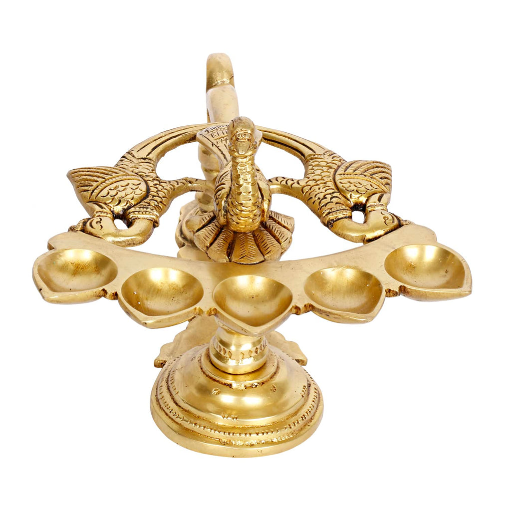Artvarko™ Peacock Bird Design 5 Oil Wick Brass Panch Aarti Diya with Handle Decorative Puja Accessory, Camphor Burner lamp Aarti for Navratra, Diwali Gifts Home Decor 8 Inches.