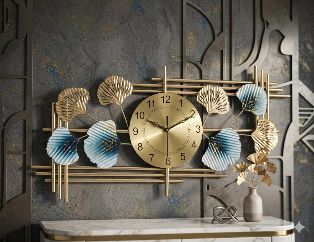 Mahira Artefacts Large Metal Wall Clock with Blue and Gold Leaf Art, Silent Quartz Movement, Modern Luxury Style