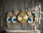 Mahira Artefacts Large Metal Wall Clock with Blue and Gold Leaf Art, Silent Quartz Movement, Modern Luxury Style