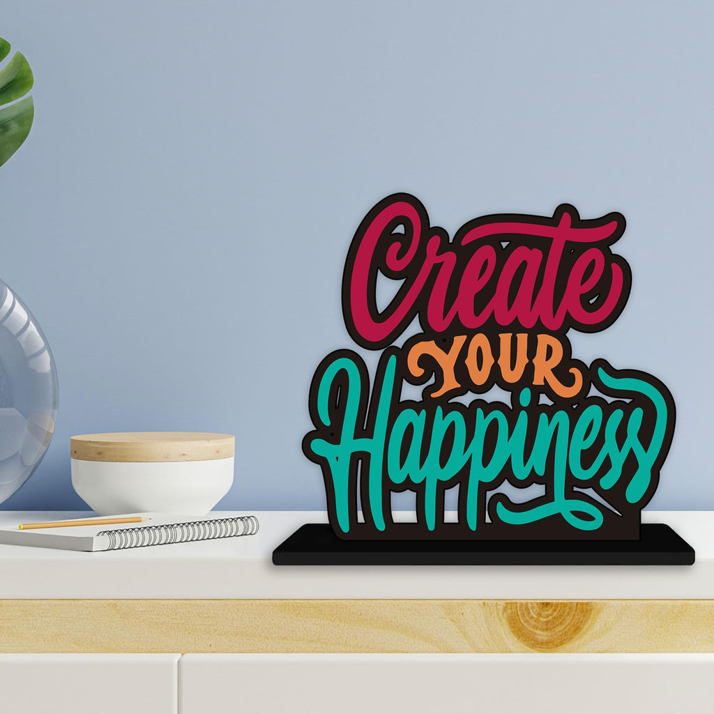 Artvibes Wooden Idols and Figurine Create Your Happiness Quotes Table Decoration for Office Desk|Home Decor Item|Living Room|Modern Art Wood Alphabet Showpiece Gift Item (Sp_1141)