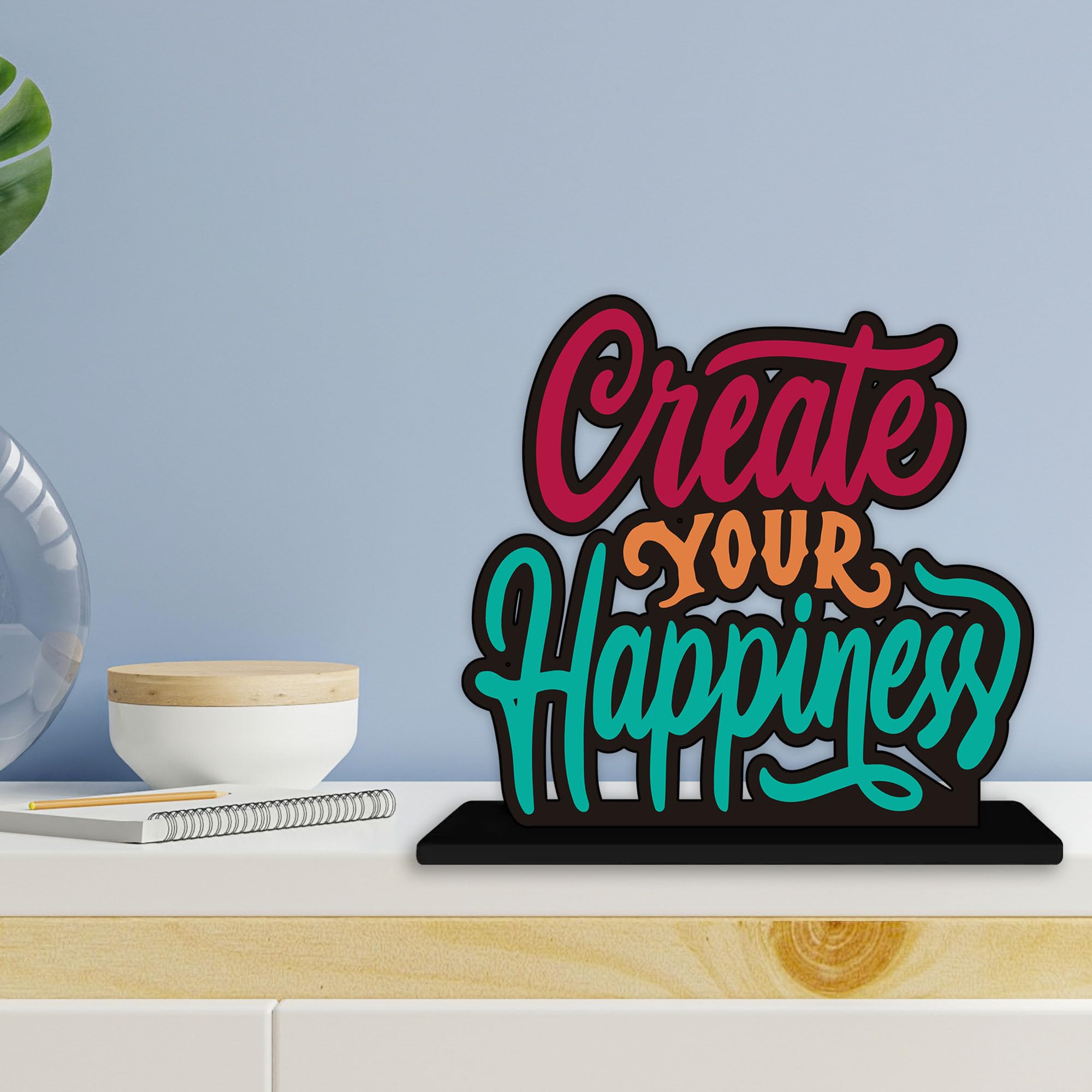 Artvibes Wooden Idols and Figurine Create Your Happiness Quotes Table Decoration for Office Desk|Home Decor Item|Living Room|Modern Art Wood Alphabet Showpiece Gift Item (Sp_1141)