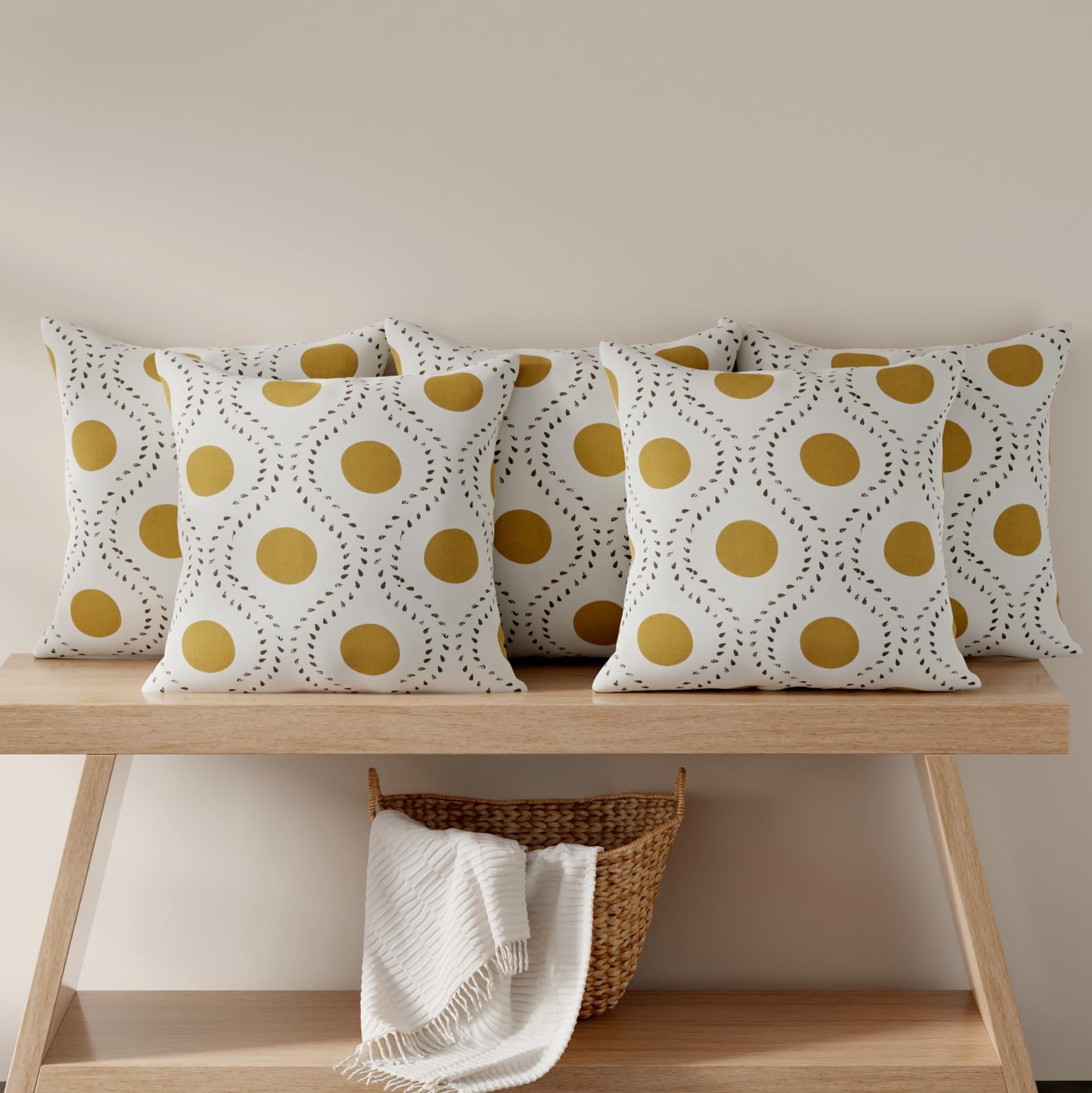 HUESLAND Premium Cotton Cushion Cover 12 inch x 12 inch | Decorative Square Throw Pillow Covers Set for Sofa, Living Room & Bedroom | Set of 5 | Natural, Golden Ochre & Bistre
