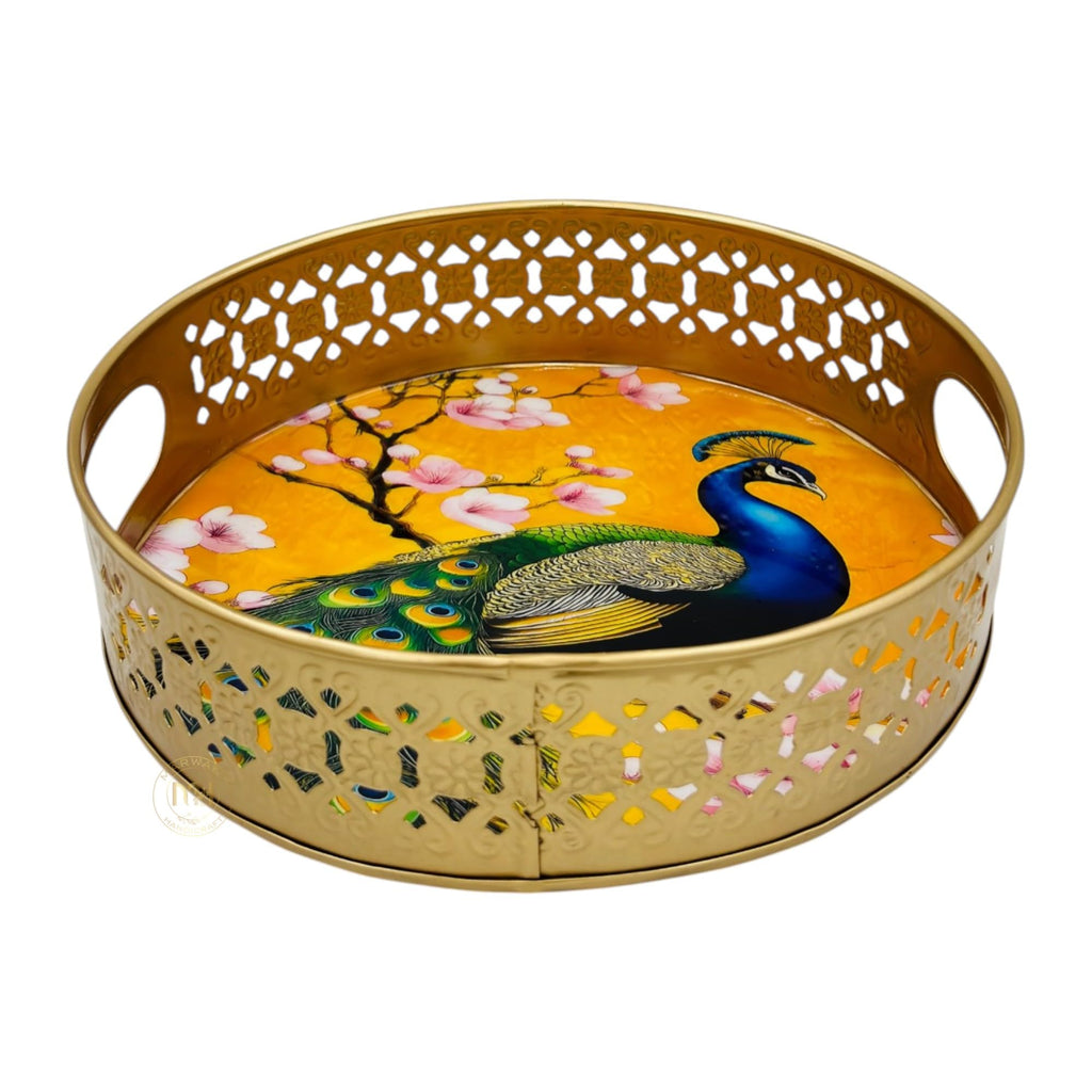 COOPTIC Handcrafted Pichwai Serving Tray for Serving and Storage | Traditional Decorative Basket with Peacock Artwork for Home Décor, Festive and Wedding Gifting (8 Inch)