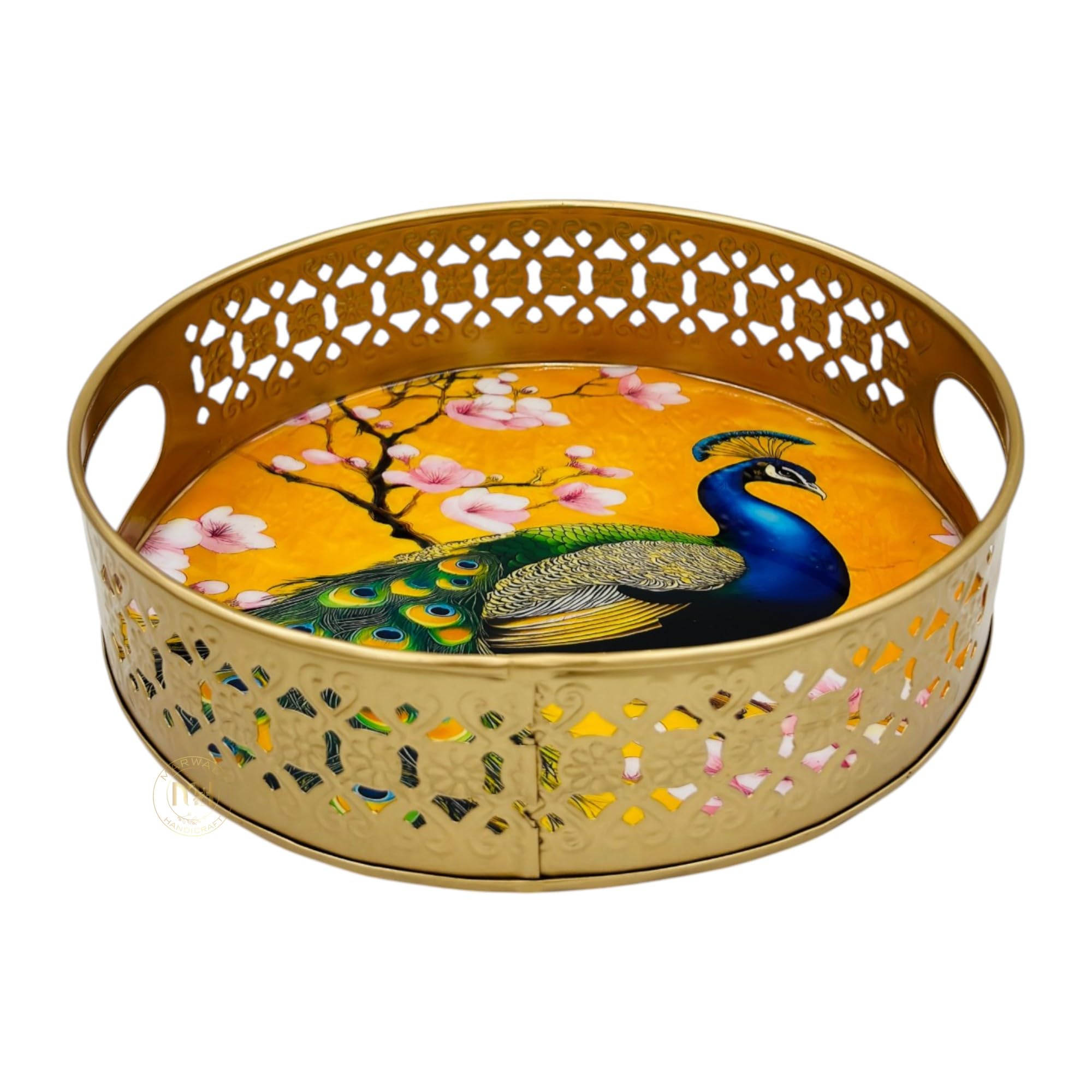 COOPTIC Handcrafted Pichwai Serving Tray for Serving and Storage | Traditional Decorative Basket with Peacock Artwork for Home Décor, Festive and Wedding Gifting (8 Inch)