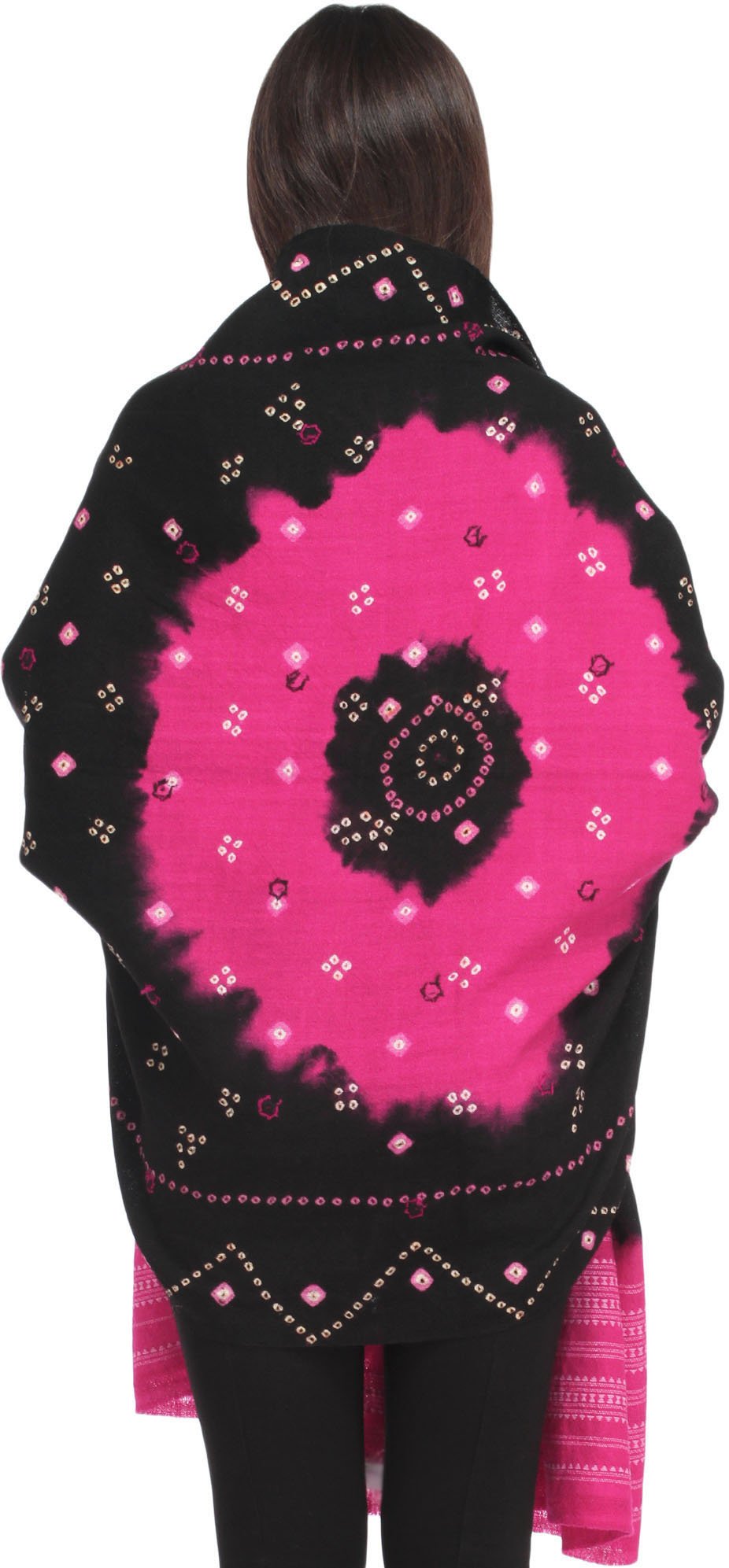 Exotic India Women's Bandhani Tie-Dye from Kutch with Embroidered Mirrors Pure Wool Shawl (SWG08--black-and-carmine)