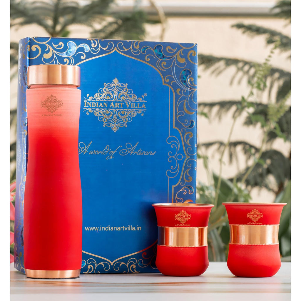 INDIAN ART VILLA Copper Bottle & Glass Gift Set - 950 ml Water Bottle & 2 Glasses (300 ml Each) - Pure Copper with Pink Ombre Silk Finish, Perfect for Gifting & Everyday Use