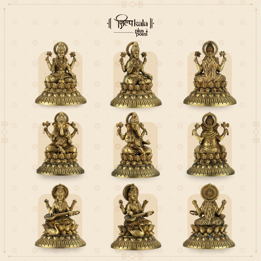 Shilpkala 2.3 Inch Brass Ultra Fine Ganesh, Laxmi & Saraswati Ji Brass Idol (Statue, Murti) for Table, Home & Office Decor, Worship & Gift