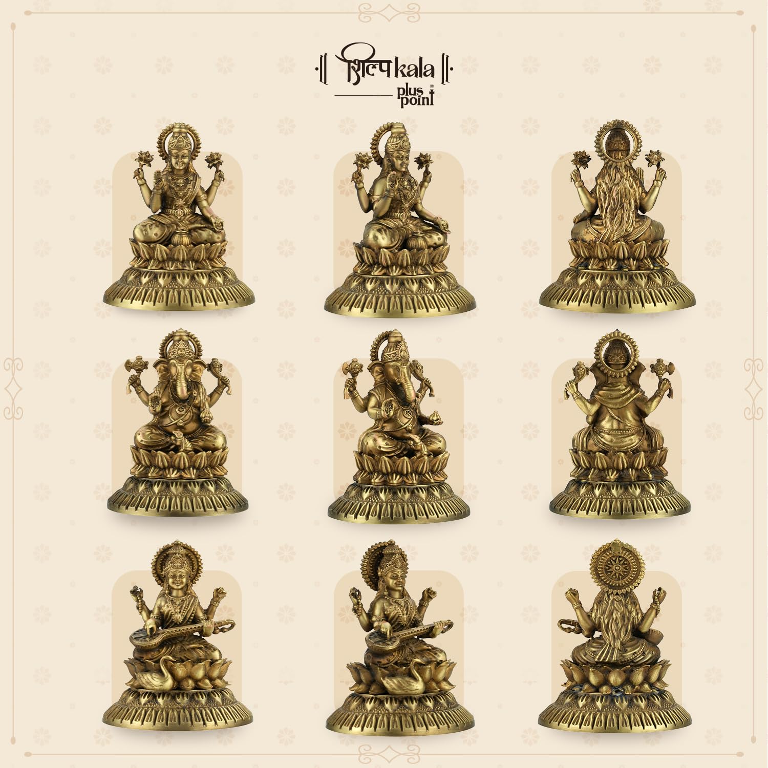 Shilpkala 2.3 Inch Brass Ultra Fine Ganesh, Laxmi & Saraswati Ji Brass Idol (Statue, Murti) for Table, Home & Office Decor, Worship & Gift