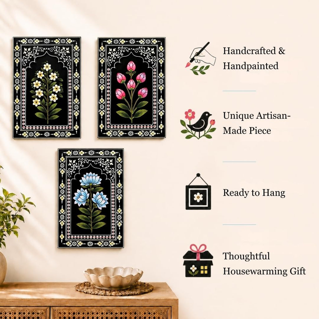 ATRANGI STUDIO Indigo Bloom Handpainted Wooden Wall Frames (Set of 3) | Jharokha Style Floral Wall Hanging | Rajasthani Traditional Art | Framed Wall Painting for Living room, Bedroom, Office | 12×8 Inch