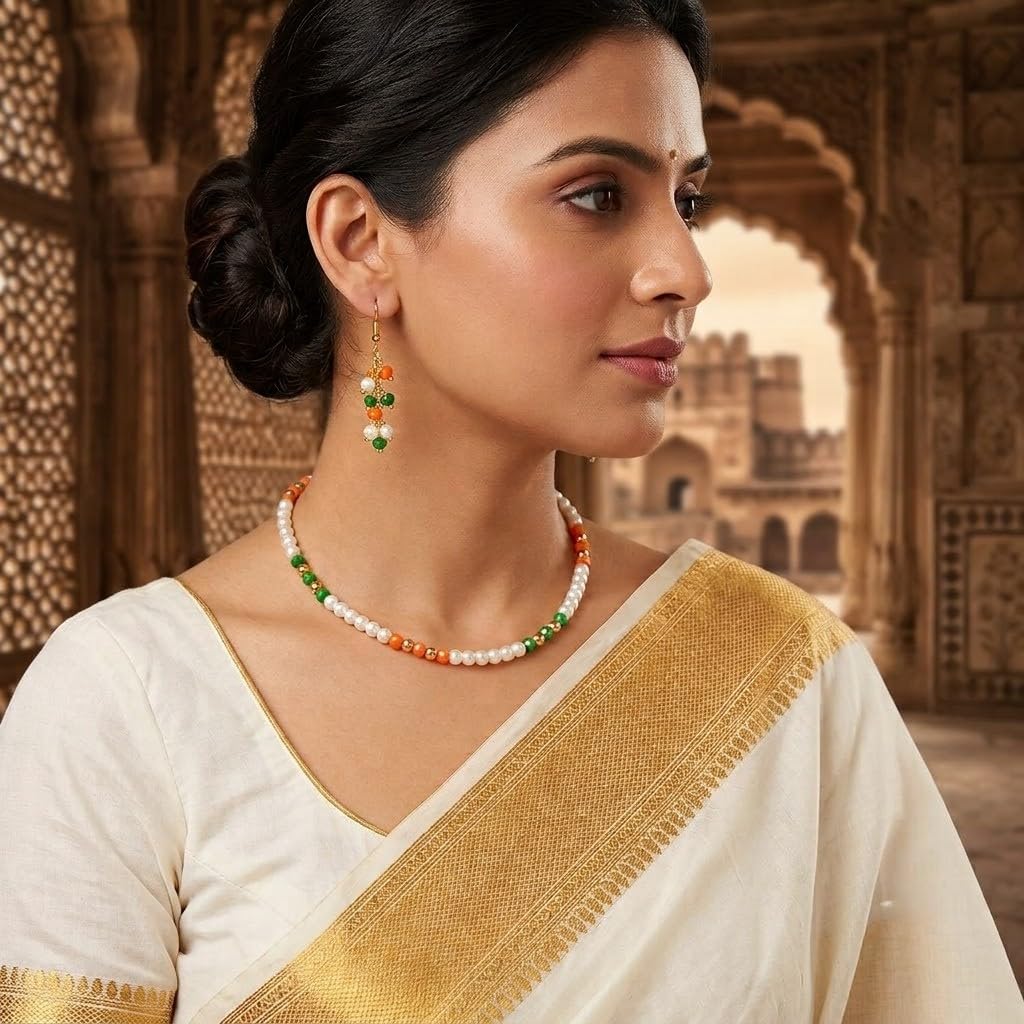 JFL - Jewellery for Less Fancy Tricolour Handmade Pearls and Beaded Necklace Set for Women & Girls | Independence Day & Republic Day Jewellery | Fashion Necklace with Matching Earrings