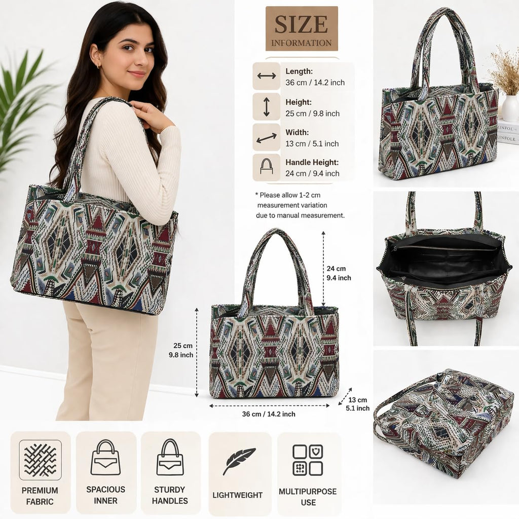 Global Impex Stylish Buoy Tote Bag for Girls & Women | Sturdy Cotton Blend Jacquard | Double Shoulder Ladies Handbag Purse For Daily & Office,Travel Use | Zip Pocket | Handcrafted