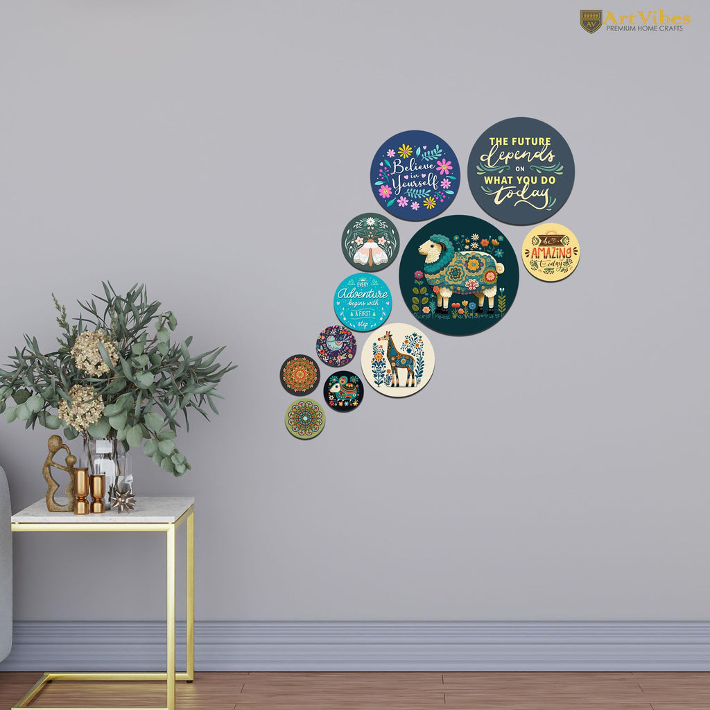 Artvibes The Future Depends On What You Do Today Round Shape MDF Wooden Wall Decor Items | Motivational Wall Decor | Wall Accent | Gift Items | Office Wall Decoration Items (WPS_146N), Set of 11