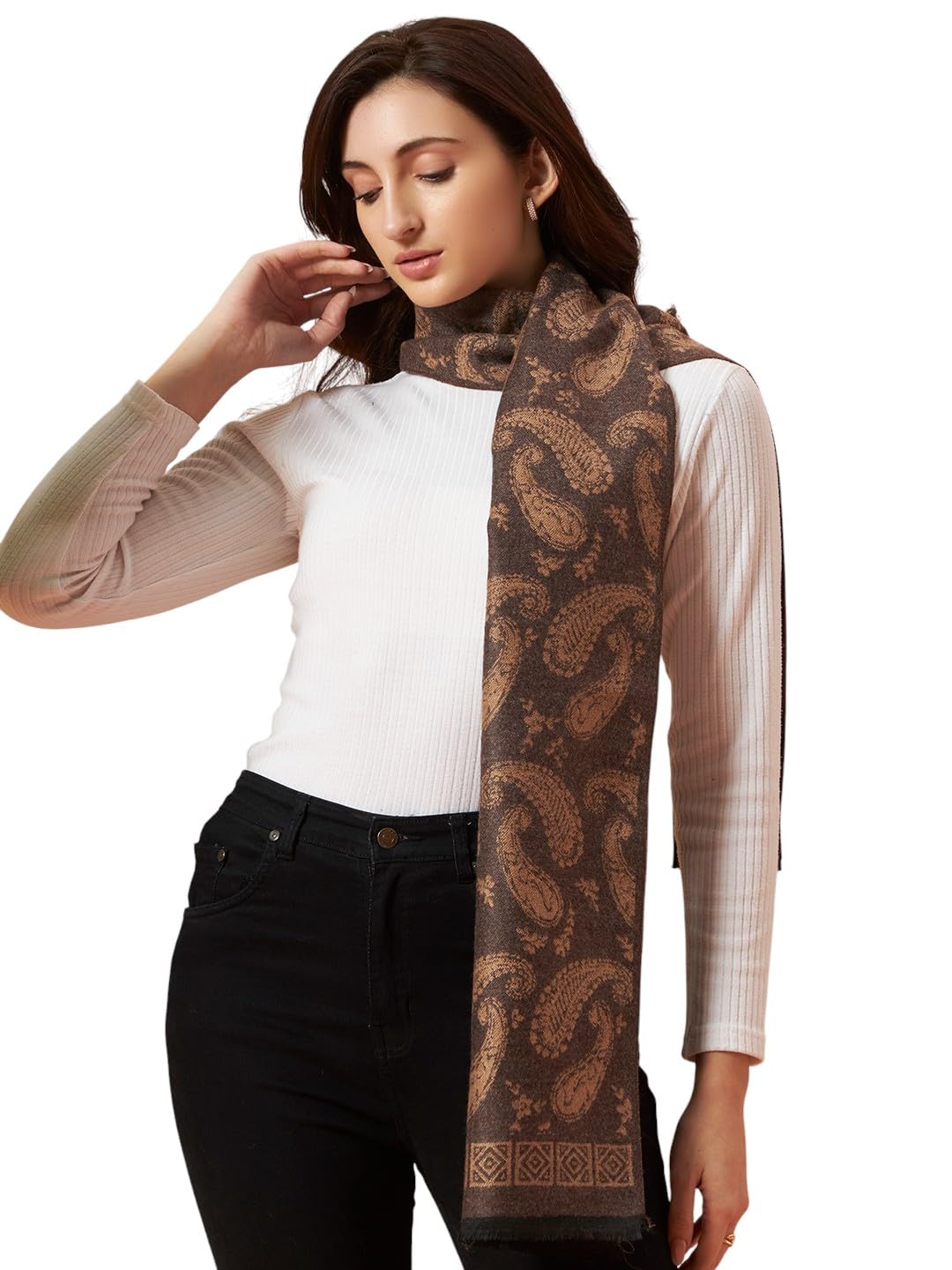 Ravaiyaa - Attitude is everything Women's Winter Warm Scarf Cashmere Reversible Wool Muffler Paisley Design (Brown Paisley)