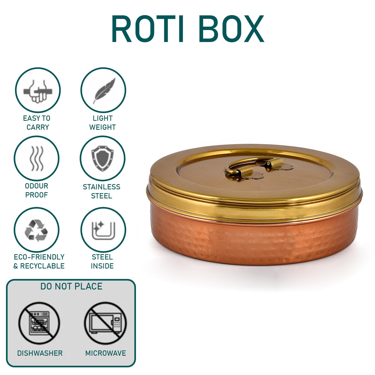 Elan Dabbahs and Days Stainless Steel Casserole for Roti, Papad, Chapati | 8.5 Inch Box for Kitchen | Chapati Box | Hot Pot Roti Box for Fresh & Warm Rotis (Copper and Antique Gold Finish)