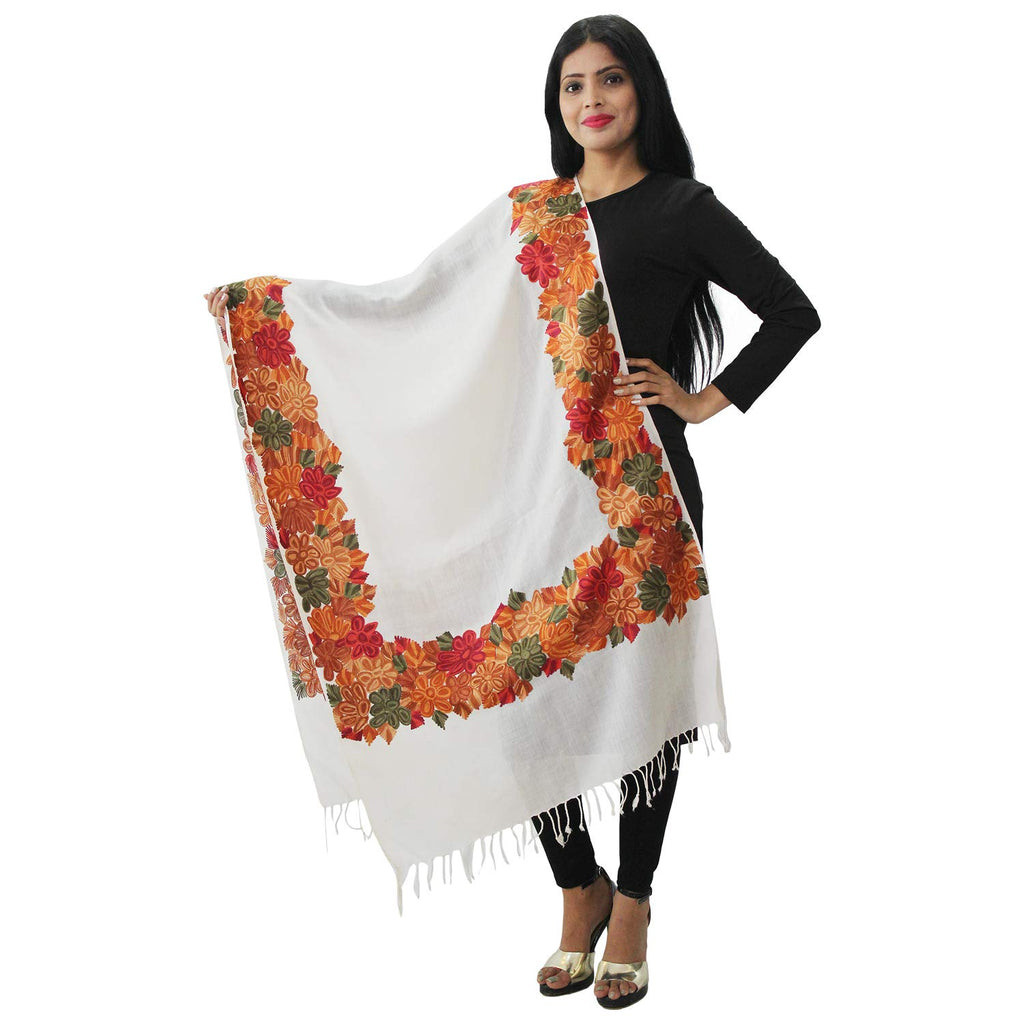 Matelco Women's White Woollen Shawl With Kashmiri Work Embroidery