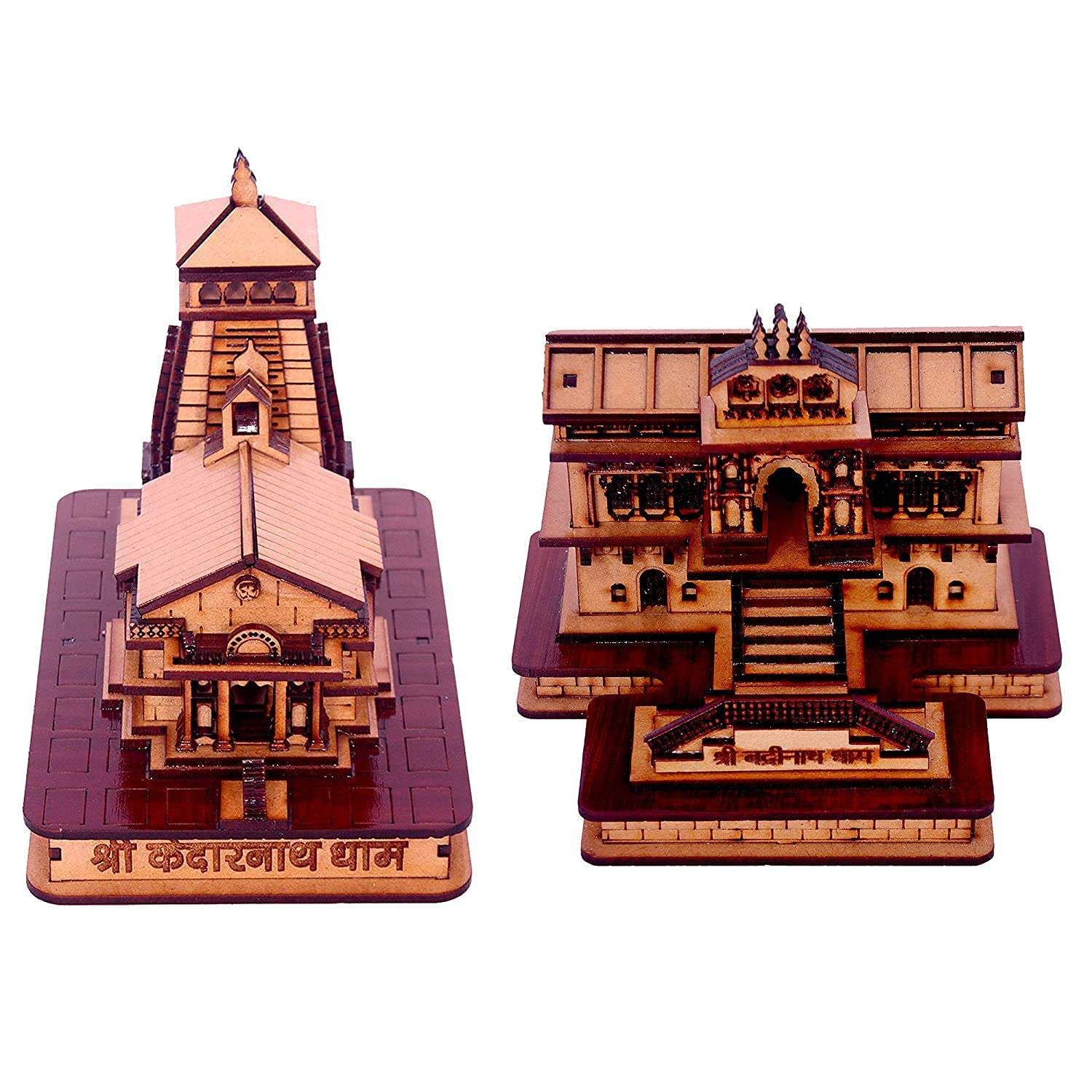 MAPPERZ Kedarnath & Badrinath Wooden Souvenir Temple Decorative Showpiece MDF Pine Wood Beautiful WorkTemple (Beige, Set of 2)
